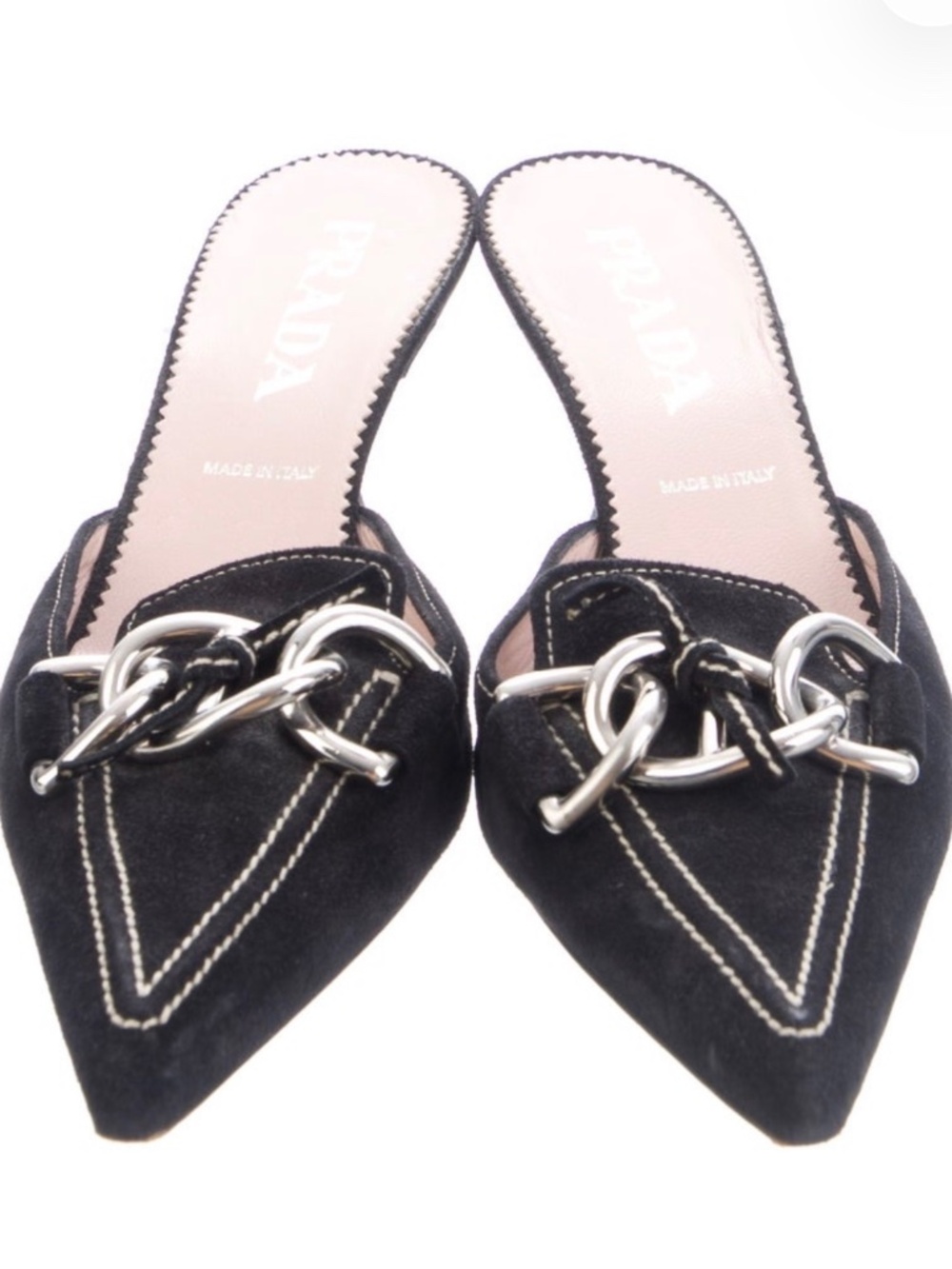 Prada Chains Link Suede Mules Womens Size 8.5 Black Kitten Heels Designer Luxury